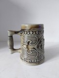 Halba de bere ceramica vintage GERZ Made in W. Germany, cu stanta, decor scena medievala, 14cm inaltime