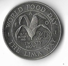 Moneda 20 ngwee 1981, FAO - Zambia foto