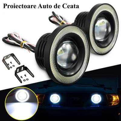 Set de 2 Proiectoare ceata universale Auto Lupa LED Angel Eyes 76mm foto