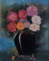 Tablou nou superb,pictura ulei,&quot;Bujori in vas negru&quot; , pictor roman consacrat