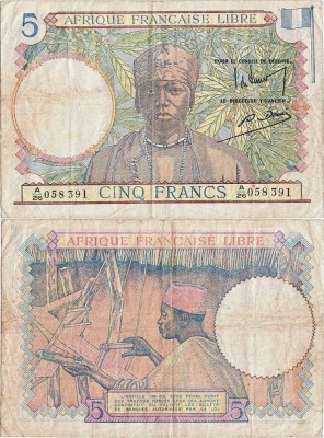1941, 5 francs (P-6) - Africa Ecuatorială Franceză! foto