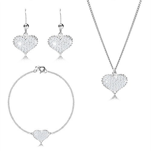 Set cu trei piese din argint 925 - inimă simetrică cu zirconii, lanț unit &icirc;n serie