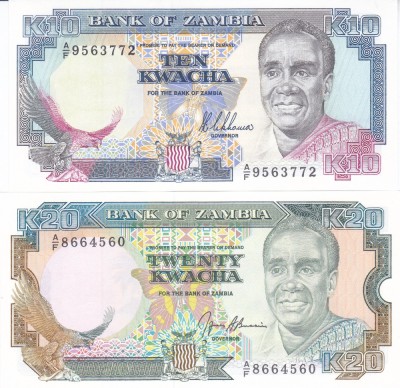 Bancnota Zambia 10 si 20 Kwacha 1989/91 - P31a/32b UNC ( set x2 ) foto