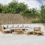 Set mobilier gradina Gossi, 12 piese, bambus, perne gri deschis, canapele, taburete, mese, exterior, relaxare