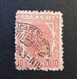 Regele Carol I (Emisiunea "Cifre &icirc;n Colțuri", 1885&ndash;1889) - 10 BANI Roșu (Timbru Dintelat cu ȘTAMPILĂ STRĂINĂ DE SOSIRE / TRANZIT "BUDAPEST") RO1