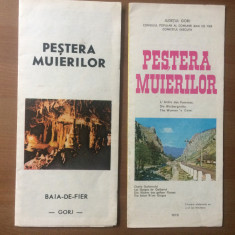 2 Pliante Pestera Muierilor 1976 + 1980 pliant reclama turism baia de fier gorj