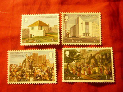 Serie Insula Man 1977 - 200 Ani Vizita lui John Wesley - Biserica , 4 valori foto