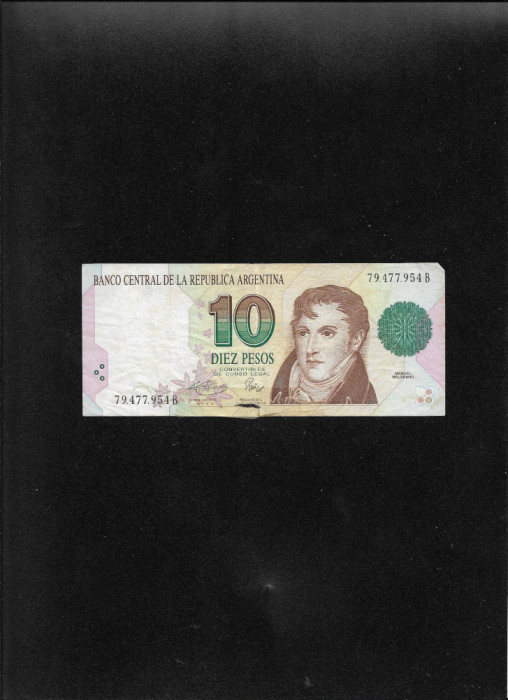 Rar! Argentina 10 pesos convertibles 1992(97) seria79477954 uzata reparata