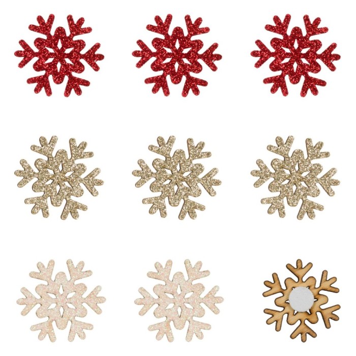 Autocolante Crăciun, Fulgi Decorativi din Lemn, Glitter, Set 9 Bucăți, Multicolor, 4x4cm