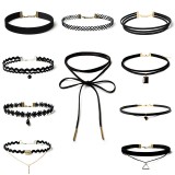 Set 10 Coliere Choker Catifea Neagra, Colier Dama Fashion, Sistem Inchidere Lobster, Material Textil