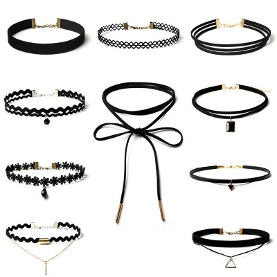 Set 10 coliere choker, Catifea, Negru foto