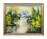 Cumpara ieftin Stefan Bilibou, tablou inramat peisaj montan cu un pui de caprioara, pictat manual 55x45cm ulei pe panza