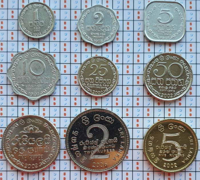 Set 9 monede Sri Lanka 1,2,5,10,25,50 Cents, 1,2,5 Rupees 1978 - 2006 UNC - A021