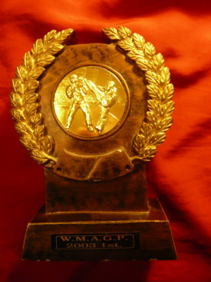 Trofeu Karate -loc I - WMAGP 2003 , metal aurit si suport ,h=16cm ,d.cerc =5cm foto