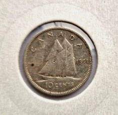 Canada 10 Cents 1941 moneda din argint km # 34 AG. 800 George VI