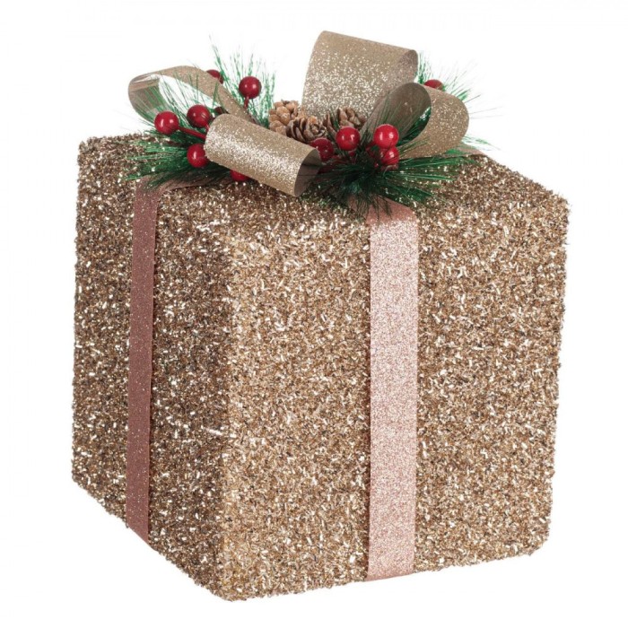 Cadou Decorativ Crăciun, Ornamente Spumă-Tinsel, Panglică Aurie Bej, Conuri Pin, 18x18x20cm
