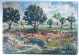 (T) Pictură &icirc;n ulei pe placaj &ndash; peisaj cu copaci și c&acirc;mp, 33&times;23 cm, nesemnată