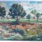 (T) Pictură &icirc;n ulei pe placaj &ndash; peisaj cu copaci și c&acirc;mp, 33&times;23 cm, nesemnată