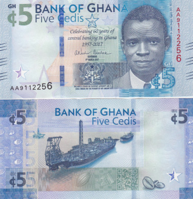 Ghana 5 Cedis 2017 Commeorativa-60 Ani Banca Centrala UNC foto
