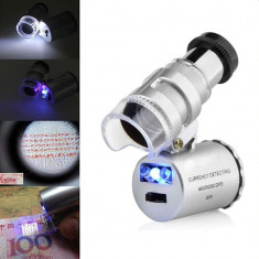 Mini microscop de buzunar, lumina LED si UV, 60X, husa piele ecologica foto