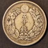 Moneda Japonia 50 Sen 1915 Taisho Argint 10g, argint, Numismatica
