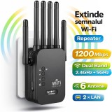 Amplificator Semnal Wi-Fi Dual Band 1200Mbps, Linomag&reg;, Range Extender Retea Wireless, 6 Antene, 2.4/5GHz, 2&times;LAN, WPS, Compatibil cu Toate Routerele,