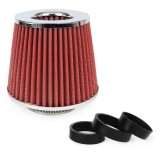 Filtru de aer conic universal AMiO rosu/crom, cu 3 adaptoare si colier, diametre montaj 76-70-65-60-55 mm, dimensiuni 160x155x118 mm