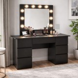 Masa de toaleta Vanessa neagra cu oglinda LED si 7 sertare, 130x43x143 cm
