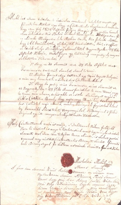 A3061N Zălogire de păm&acirc;nturi contra unul &icirc;mprumut de florini renani, 1843, T&acirc;rgu Lăpuș, Maramureș, cu sigiliu nobiliar &icirc;n ceară roșie, limba maghiară