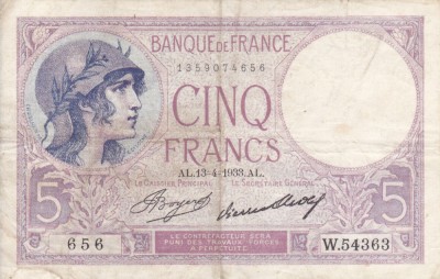 FRANTA 5 francs 13-4-1933 VF!!! foto