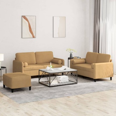 vidaXL Set de canapele cu perne, 3 piese, maro, catifea foto