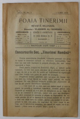 FOAIA TINERIMII , REVISTA BILUNARA , NR. 9 , APARUTA LA BUCURESTI , 1920 foto