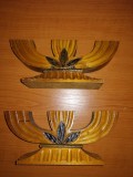 Pereche suport lumanare veche sfesnic cu 3 brate vintage sculptat manual din lemn inaltime 21 cm