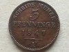 PRUSIA-3 PFENNINGE 1847 (A), Europa, Cupru (arama)
