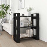 Bibliotecă/Separator cameră, negru, 80x35x91 cm, lemn masiv pin