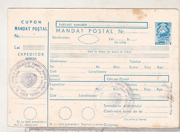 bnk cp Mandat postal RSR - uzat - marca fixa