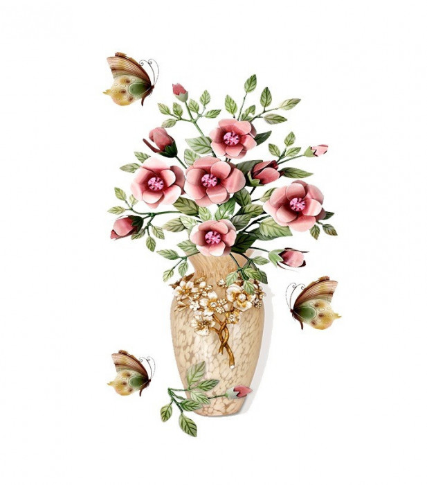 Autocolant decorativ Vaza cu Flori si fluturi, Roz, 70 cm, 1252ST