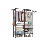 Suport Haine Metalic Negru LRA-08, 170x108x36 cm, Rafturi &amp; Bara Agatare, Multifunctional, Organizator Garderoba