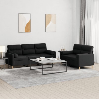 vidaXL Set de canapele cu perne, 2 piese, negru, material textil foto
