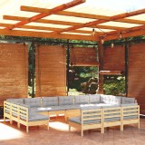 Cumpara ieftin Set mobilier de gradina cu perne, 14 piese, gri, lemn masiv pin
