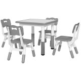 AIYAPLAY Set Masă și Scaune pentru Copii, 5 piese cu 4 Scaune Reglabile 32x36x52.5-56 cm și Masă 60x60x46-58 cm, Gri | Aosom Romania