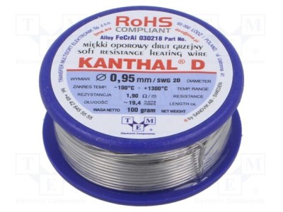 Fir rezistență KANTHAL 1,9&amp;Omega;/m 1300&amp;deg;C 0,95mm 0,1kg 20SWG foto