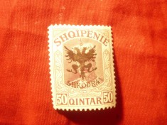 Timbru Albania 1920 val. 50q cu suratipar stema si Shkodra , sarniera ,numerotat