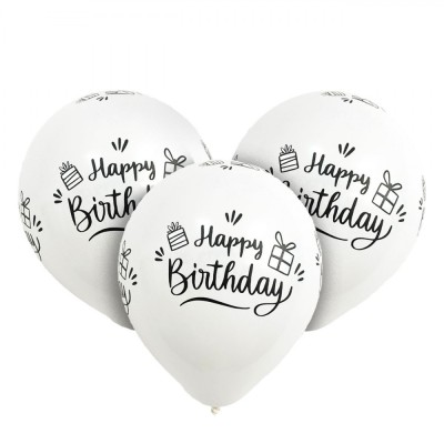 Set Baloane Petrecere, Model Happy Birthday, Latex, Culoare Alb-Negru, 23 cm, 20 Bucăți foto