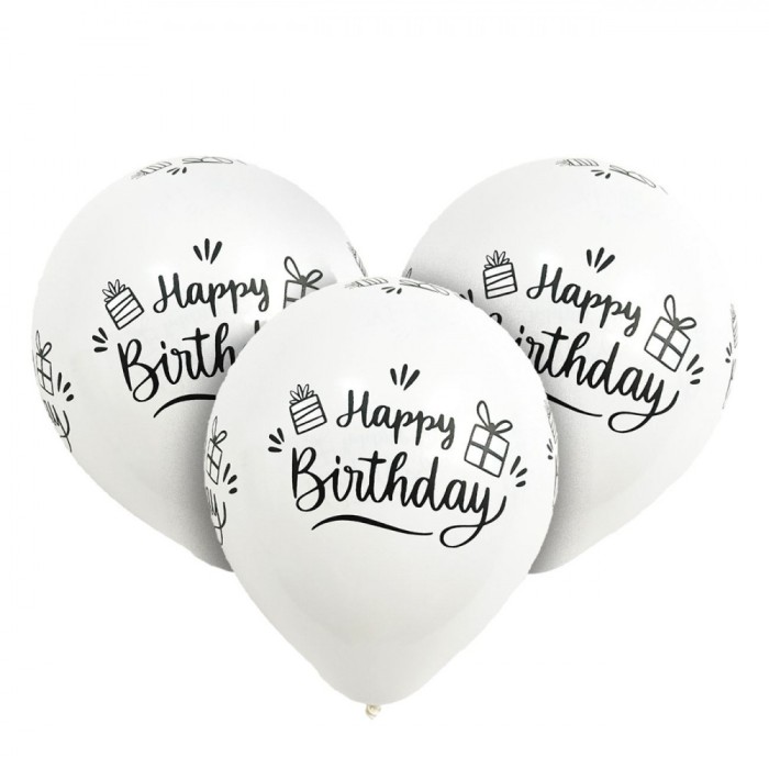 Set Baloane Petrecere, Model Happy Birthday, Latex, Culoare Alb-Negru, 23 cm, 20 Bucăți
