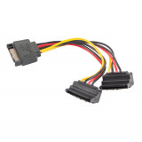 Cumpara ieftin Cablu Y splitter SATA 15-pin tata la 2 x SATA 15-pin mama in unghi de 90 de grade, Lanberg 41320, lungime 15 cm