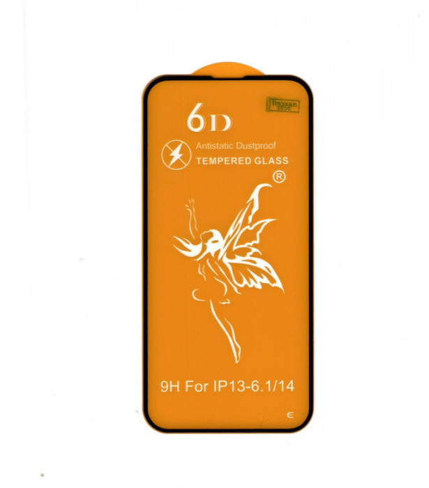 Folie din sticla securizată, cu margini negre, Premium 9H/6D (Tempered Glass), compatibila cu iPhone 13-6.1/14