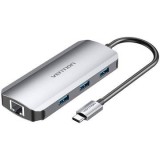 Docking Station Vention, HDMI(M), 3xUSB 3.2 gen1, RJ-45, PD 100W, conec prin USB-C(T), rata transfer 5Gbps, aliaj Al/ABS, retea 1 Gbit, 4K/30Hz, argin