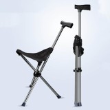 Baston de sprijin cu scaunel pliabil, din metal, plastic si textil, cu 3 picioare, multifunctional, baza antialunecare, sezut confortabil, negru