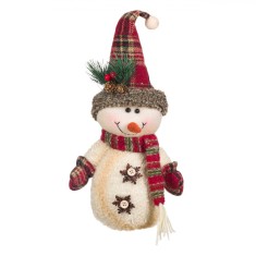 Figurină Decorativă Crăciun, Om de Zăpadă, Căciulă Carouri, Ecru, 35 cm, Poliester